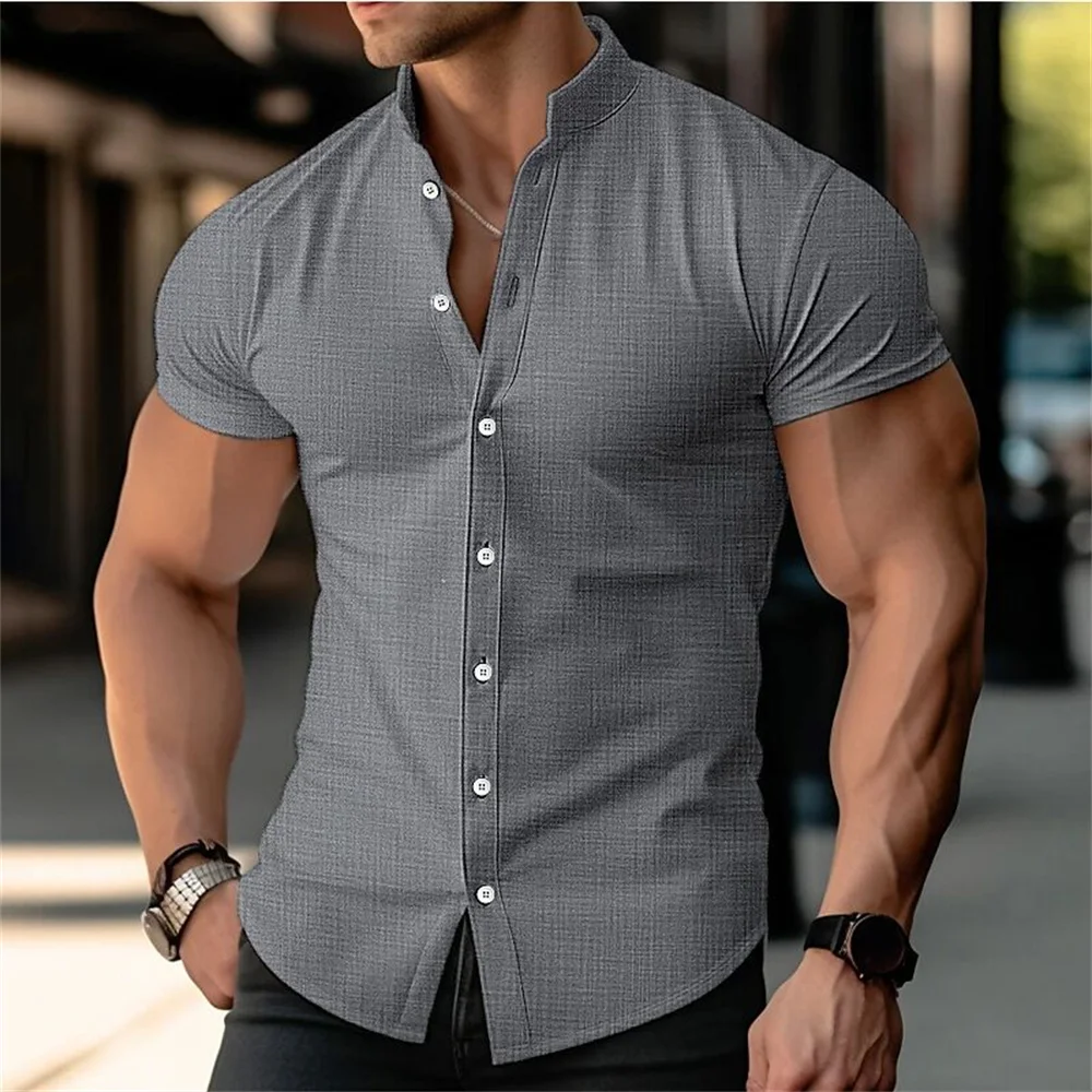 Muscular men fitness sports casual elastic shirt solid color lapel button business street fashion trend summer new short sleeve