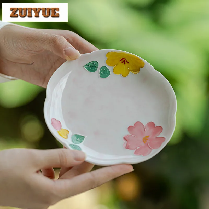 Hand-painted Pink Flower Pot Bearing Holder Japanese Arita Porcelain Dry Brew Tray Fruit Snack Plate Kung Fu Teaware Accessories