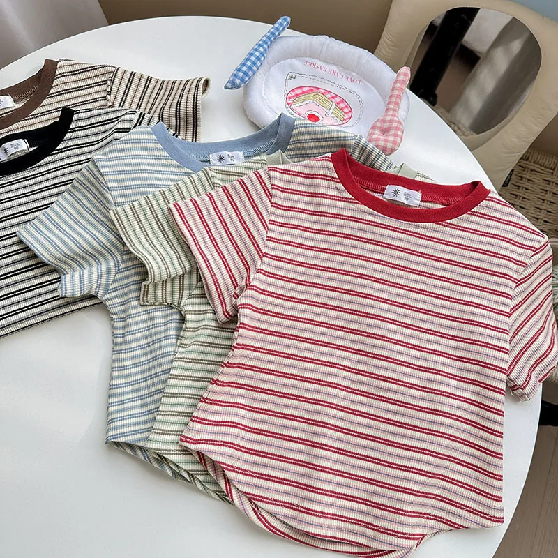 2026 Summer 2-7Y Kids Stripe Short Sleeve Girls T-shirt Boys New American Style Color Blocking Fitted Top Children Clothes