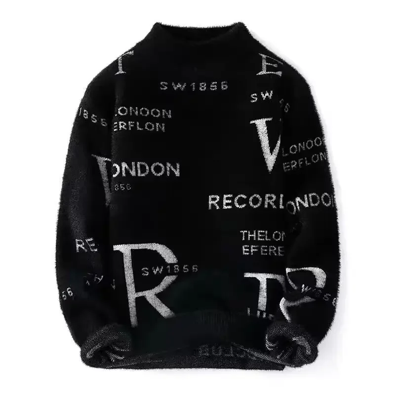 

New Men's Plush Sweater Pullovers Full Letters Winter Warm O Neck Black Sweater High Quality Cool Top Fashionable Men's Clothing