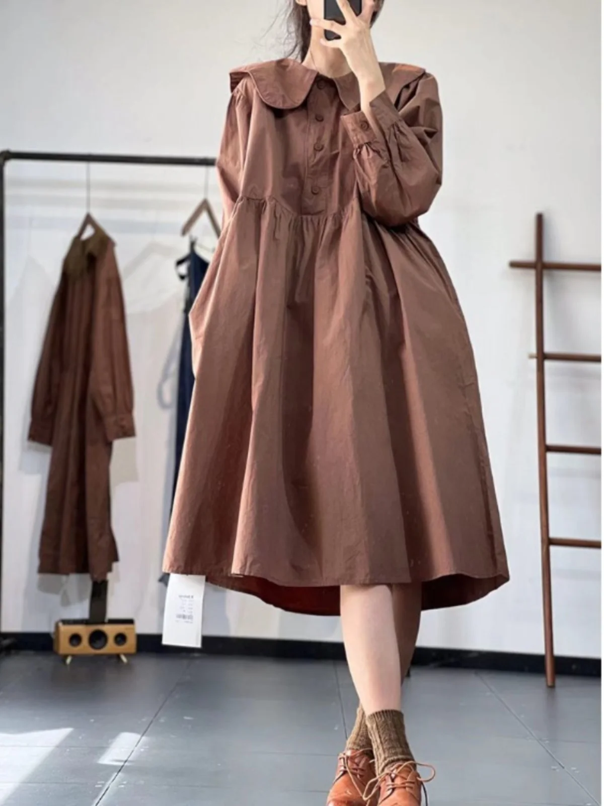 

Slimming Long Sleeve Midi Dress Women's Fashionable Early Autumn Loose Dress Tagless A-Line Skirt Commute Style Color
