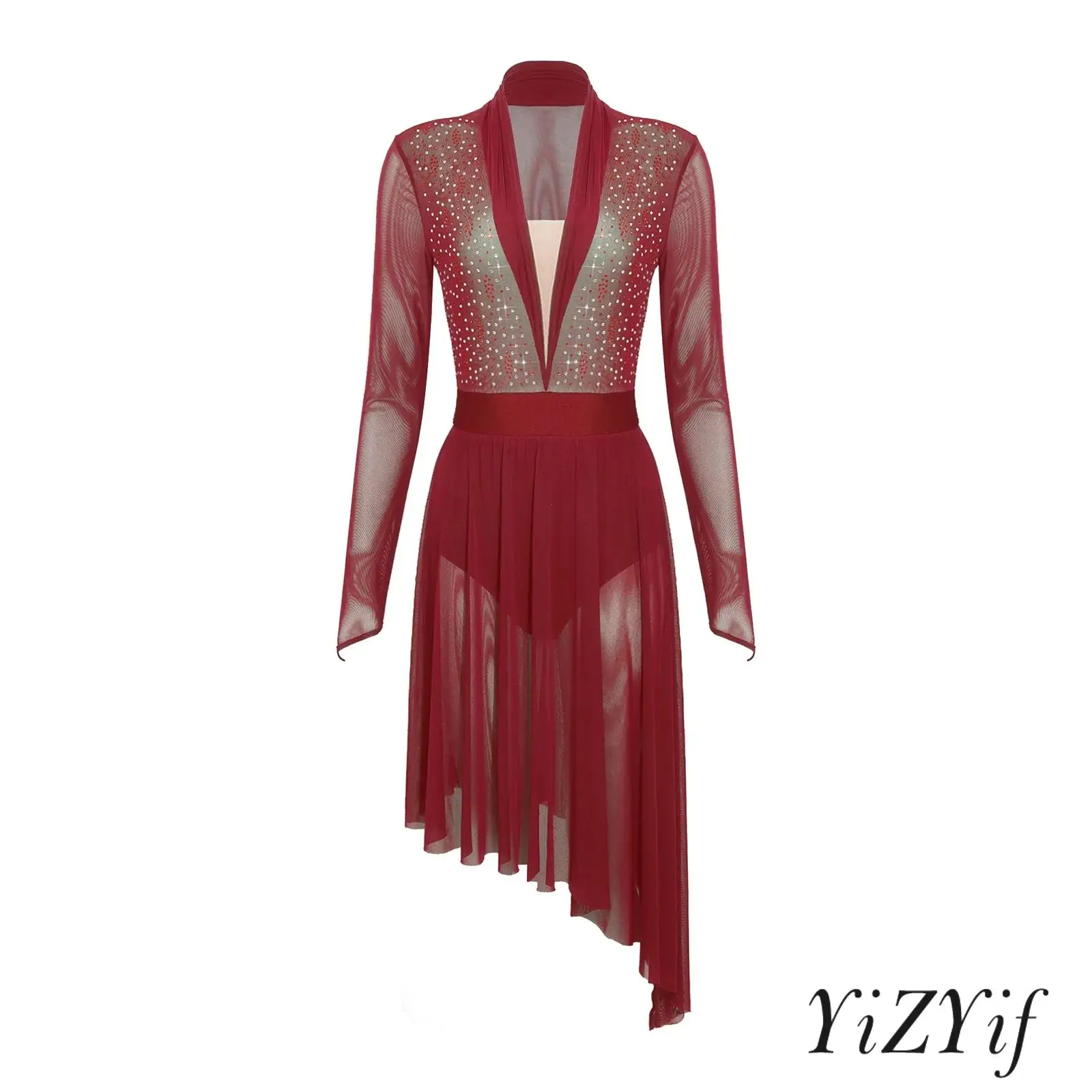 

Womens Flowing Lyrical Modern Dance Dress Long Sleeve Sheer Mesh Built-In Crotch Buttons Briefs Dress for Jazz Ballroom Dance