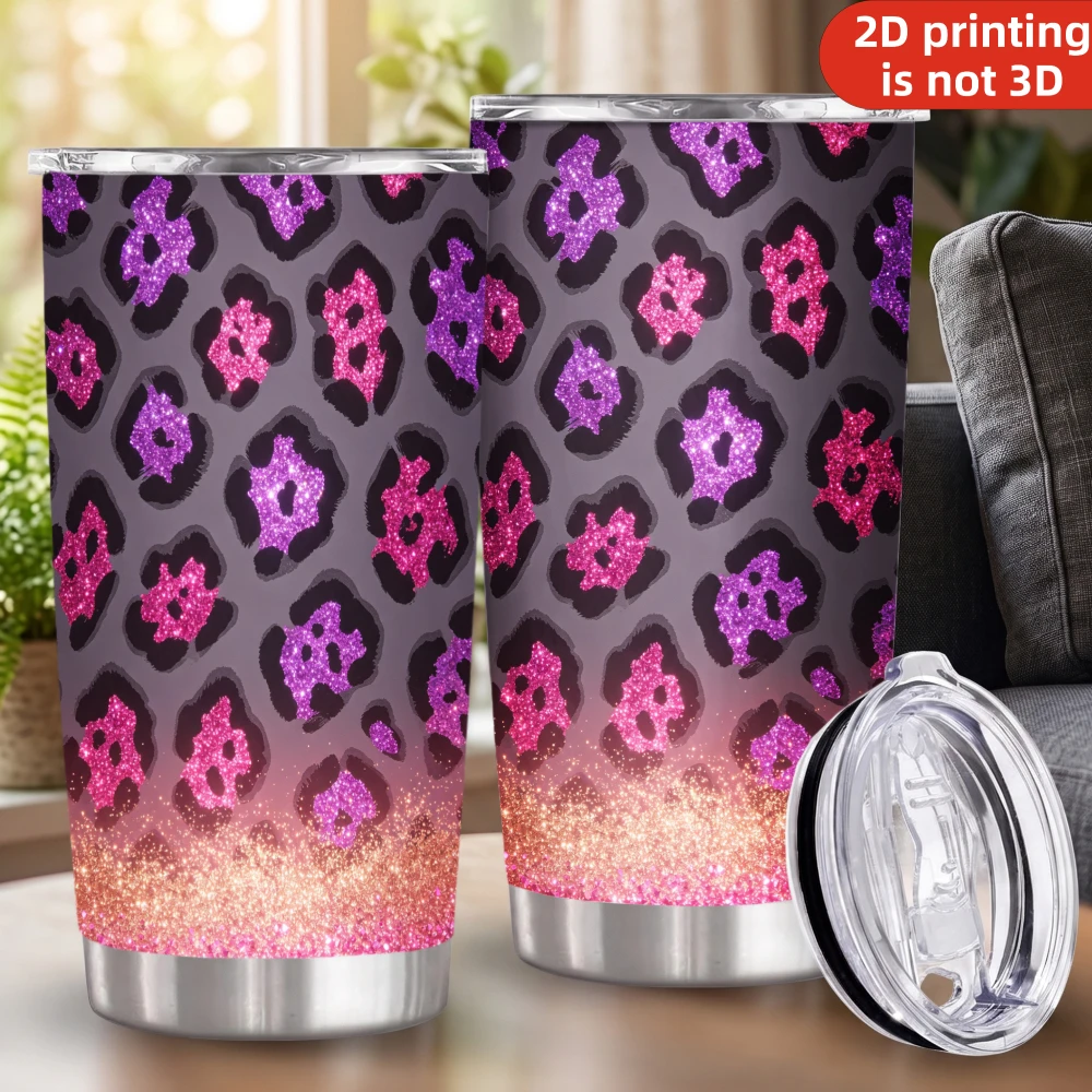 20oz Purple Magenta Glitter Leopard Print Stainless Steel Tumbler with Lid and Straw, Dark Mauve Sparkle Rose Gold Ombre Vacuum Insulated Travel Coffee Mug Gifts