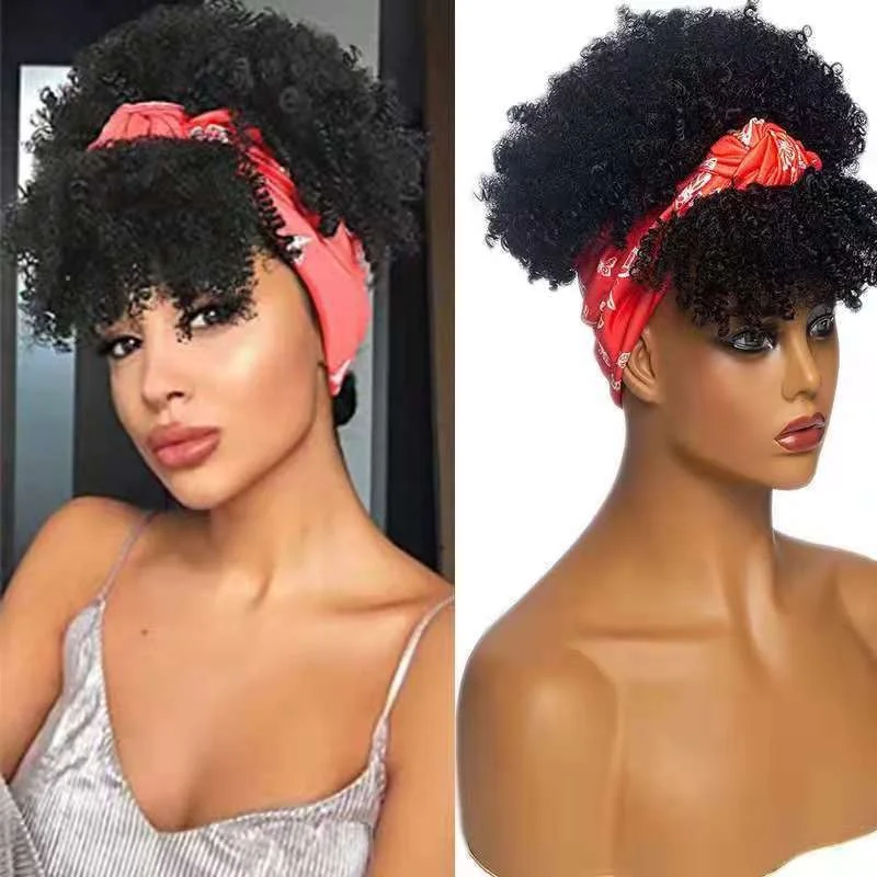 Pelucas rizadas de cabello sintético para mujeres negras, pelucas de diadema corta para mujeres, envoltura de turbante blanco, pelucas de Cosplay en Liquidación, venta