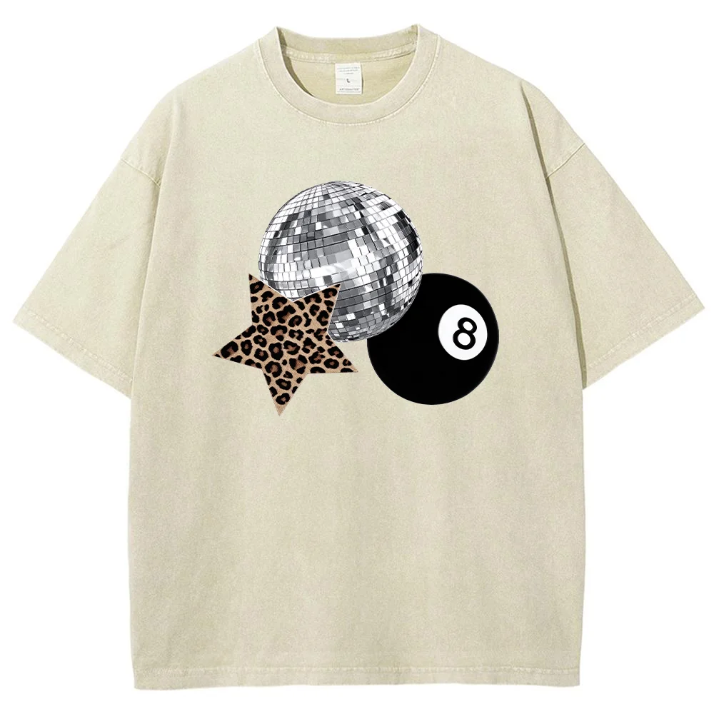 Disco Ball Leopard Star 8 Ball Print Acid Wash T Shirt Summer Casual Short Sleeve Top Unisex Streetwear Fashion Tee ﻿