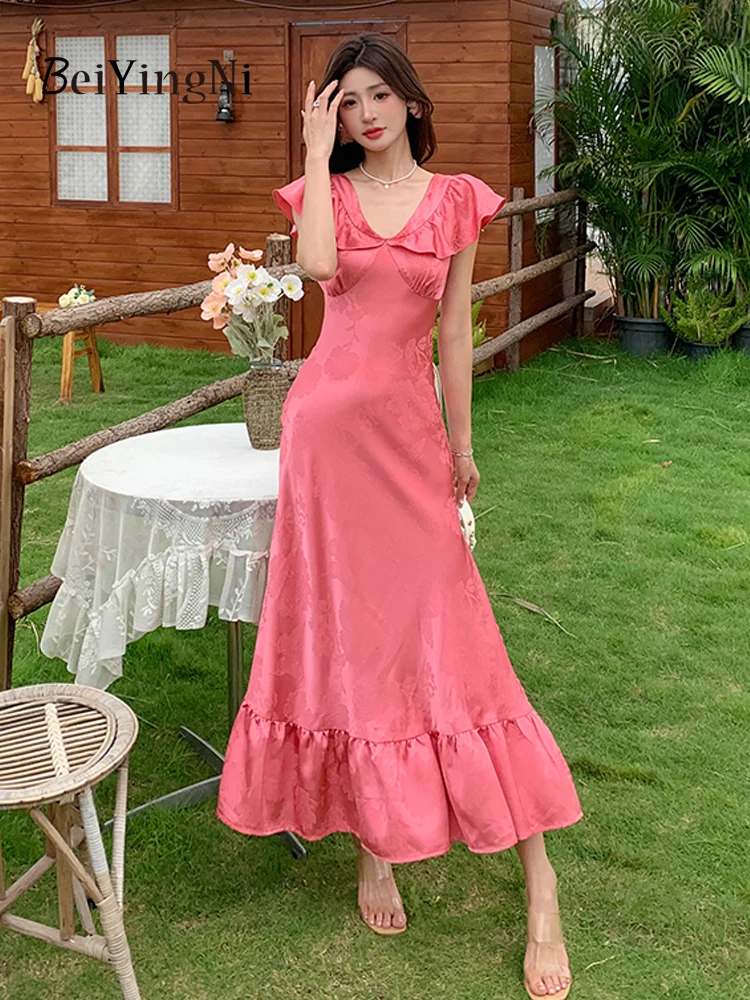 Beiyingni Summer Elegant Sexy Slim Fit Maxi Dresses Women Ruffles Patchwork Long V-neck Dress Ladies Rose Red Party Vestidos