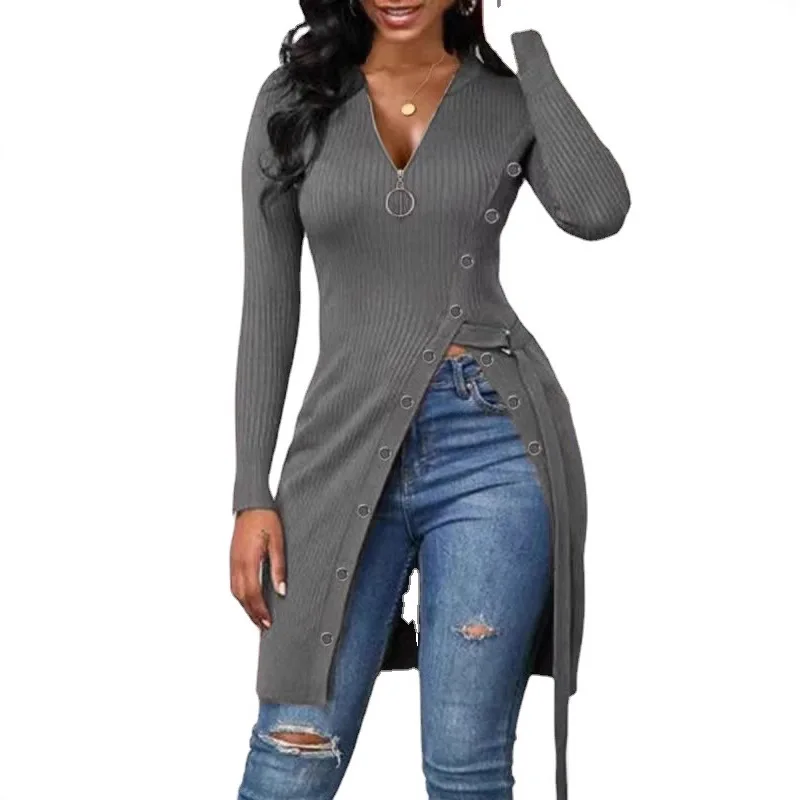 Women's V-neck Long Sleeved High Slit Threaded Zipper T-shirt Top