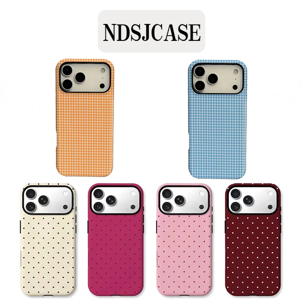 Koreanische Polka-Dot-Gittermuster Handyhülle für iPhone 17 16 15 14 13 12 11 X Air Pro Max Plus Luxuriöse Doppelschicht-Rückabdeckung