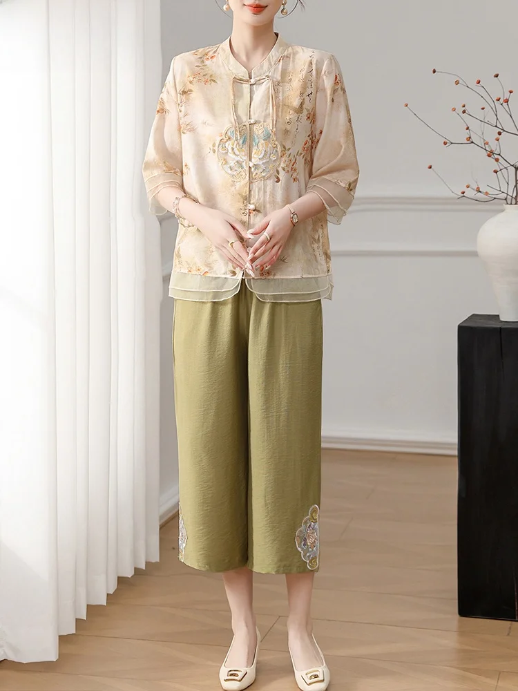 

Новый китайский комплект из хлопка и льна: свободный топ и брюки для женщин старше 40 лет, весна-лето, модная традиционная вышивка