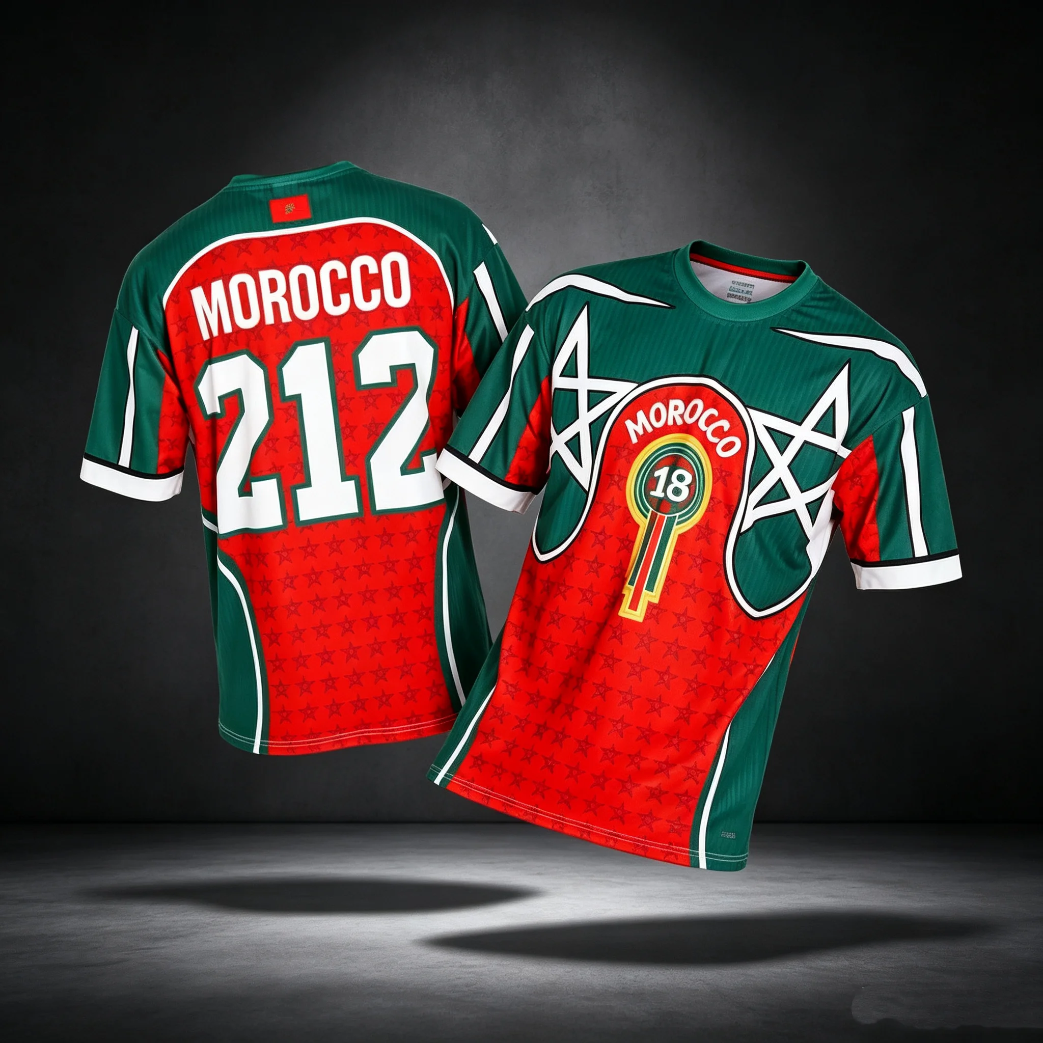 2026 New Morocco-themed Jersey, Color Block David Star Print No. 18 & 212 Short-Sleeve Unisex Breathable Casual T-Shirt for Fans