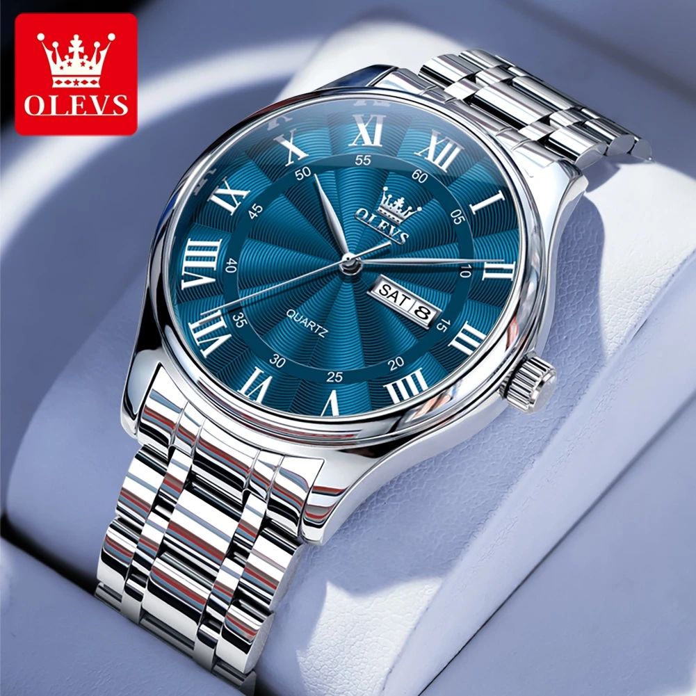 Relojes de pulsera OLEVS 3663 para hombre, de negocios, con indicador de día y fecha, de acero inoxidable, resistentes al agua, de primera marca, de cuarzo.