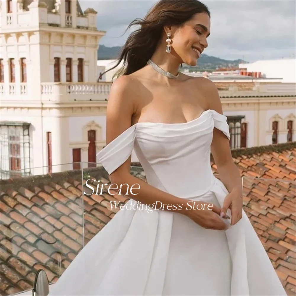 Sirene Simple Princess Strapless  Satin Wedding Dress Beach Pleat A Line Off The Shoulder Side Slit Bridal Gown Custom Made 2024