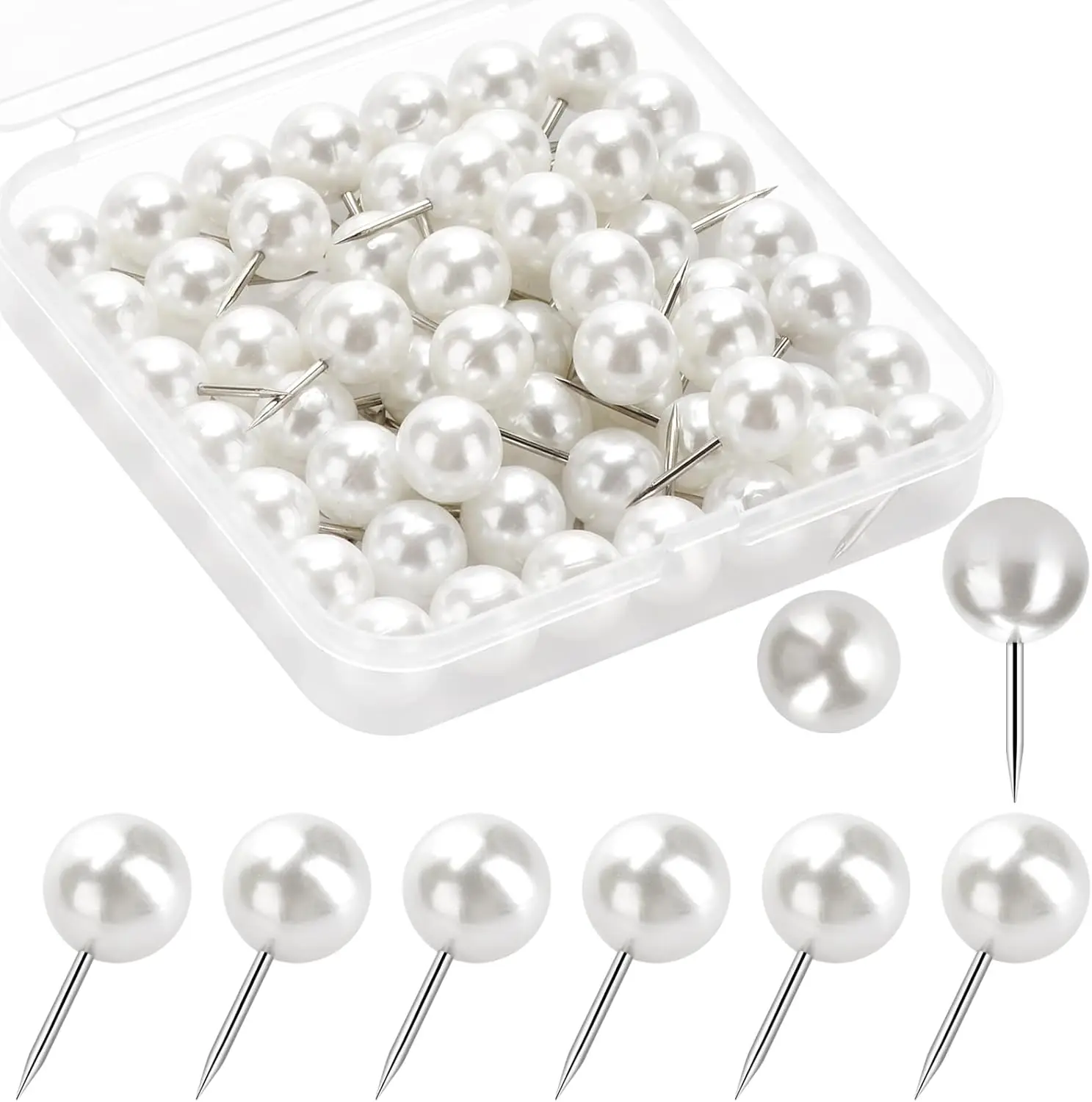 

60 Pearl White Push Pins, Thumb Tacks for Bulletin Board, Corkboard, Map, Calendar, Photo, Home Office