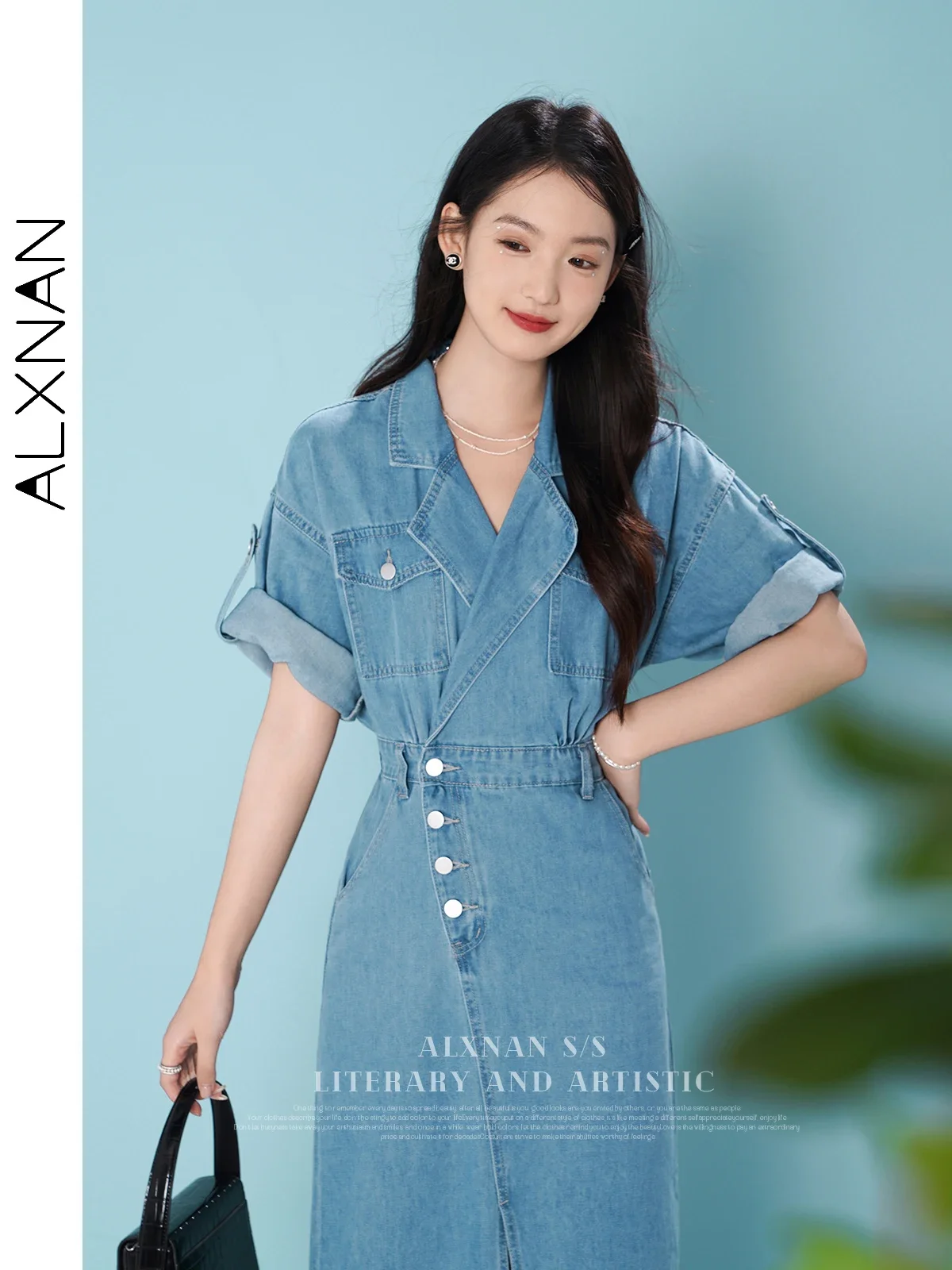 ALXNAN Women Summer Midi Denim Dress Female 2024 Casual Short Sleeve Patch Pockets Notched Collar Fitted Split Dress LXN29722