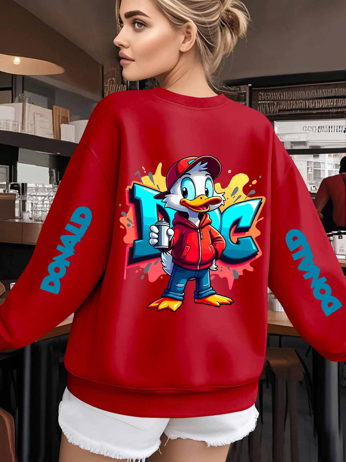 디즈니 도널드 덕 그래피티 스트리트 아트 프린트 여성용 남성용 코튼 가을/겨울 풀오버 후드티 오버사이즈 탑 긴 소매