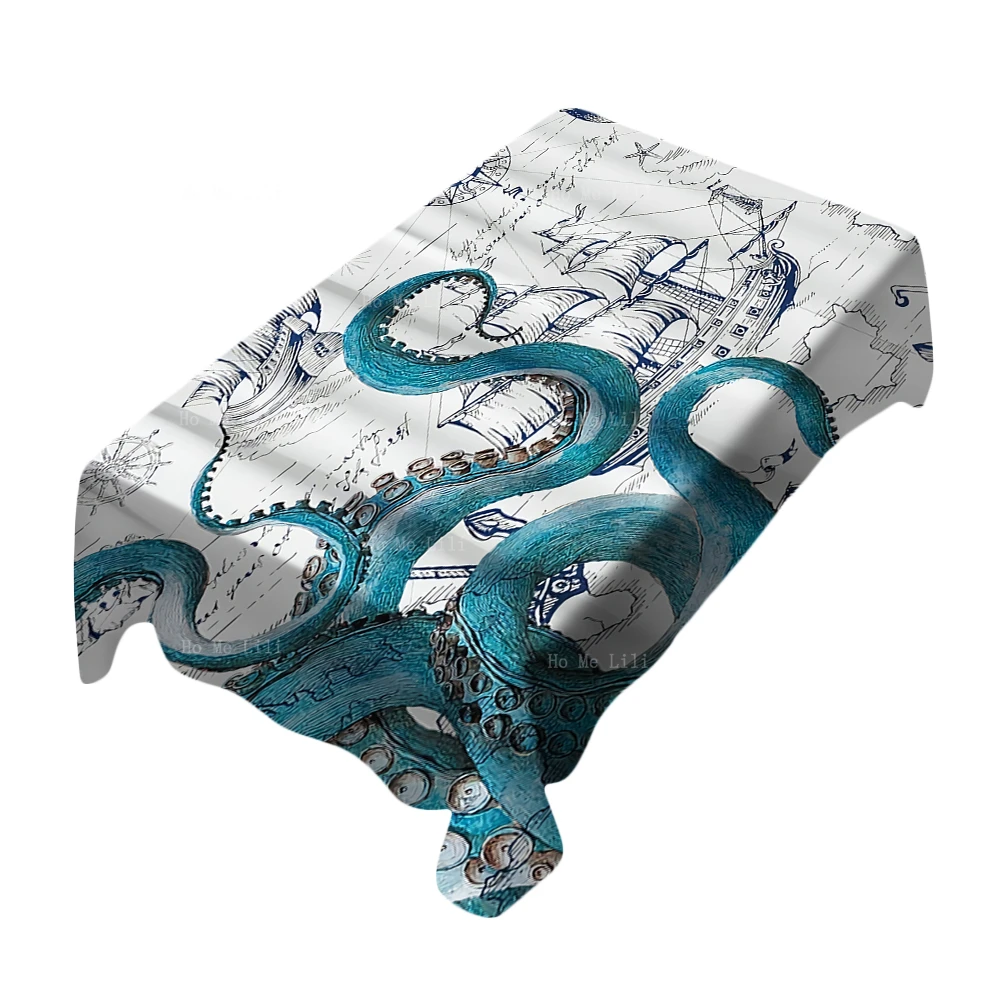 Blue-green Kraken Cool Octopus Tentacle Anime Sailing Compass And Map Pattern Wrinkle Resistant Tablecloth By Ho Me Lili Decor