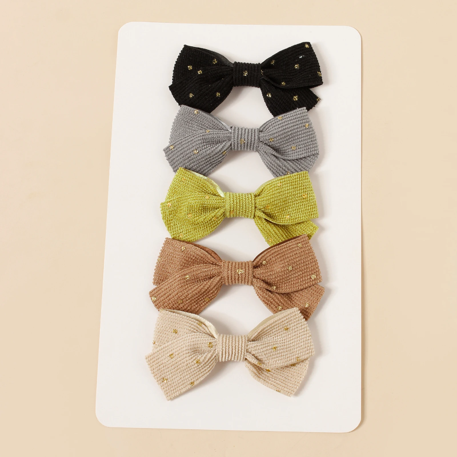 5pcs Corduroy Bow Bang Clips For Girls Solid Streamer Bow With Gold Polke Dot Clips Baby Hair Accessories