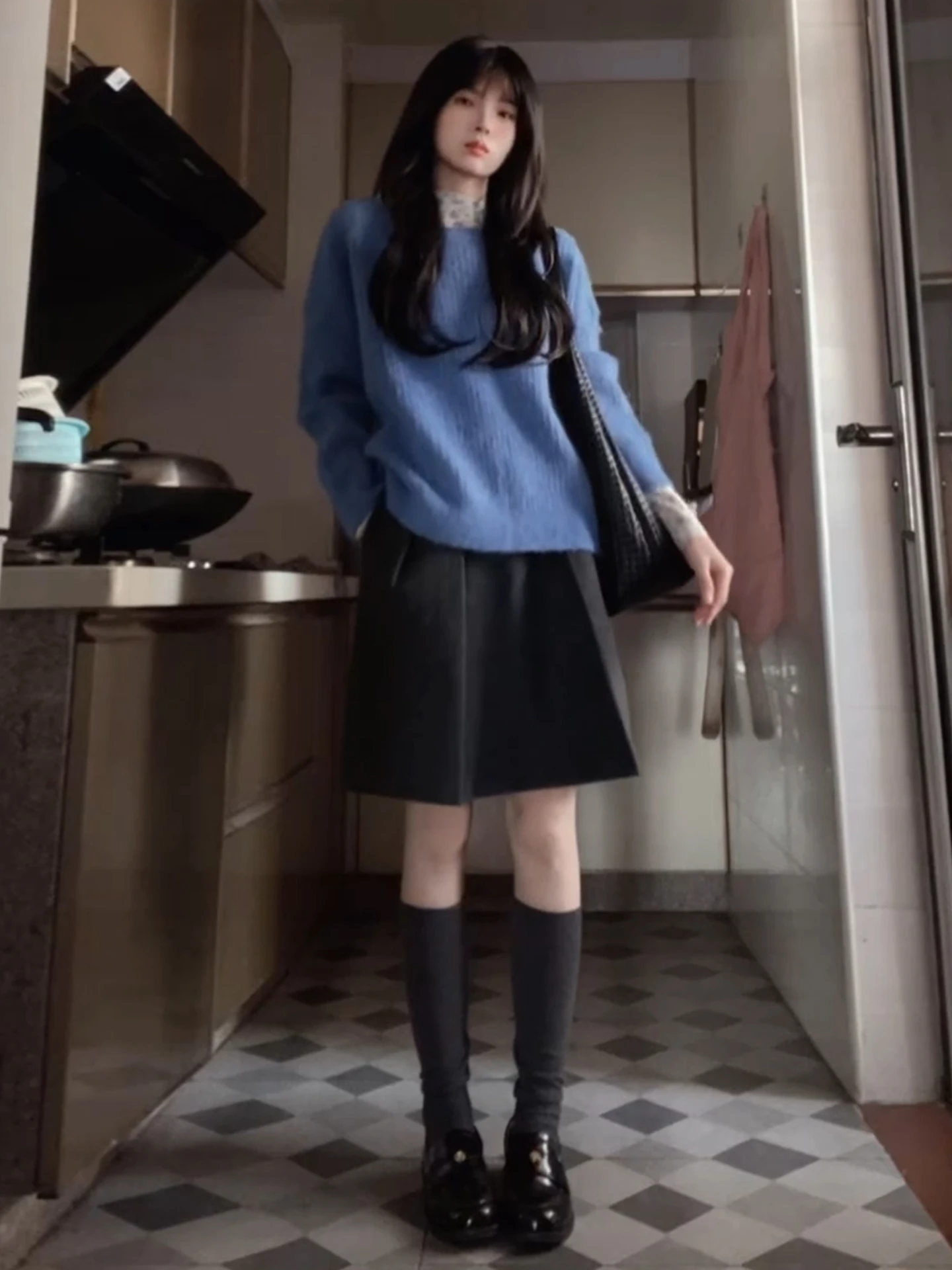 

Loose Fit Blue Knitted Sweater Women's Sle Layering Set Winter Season Long Sve round Ne Polyester Fiber Blend