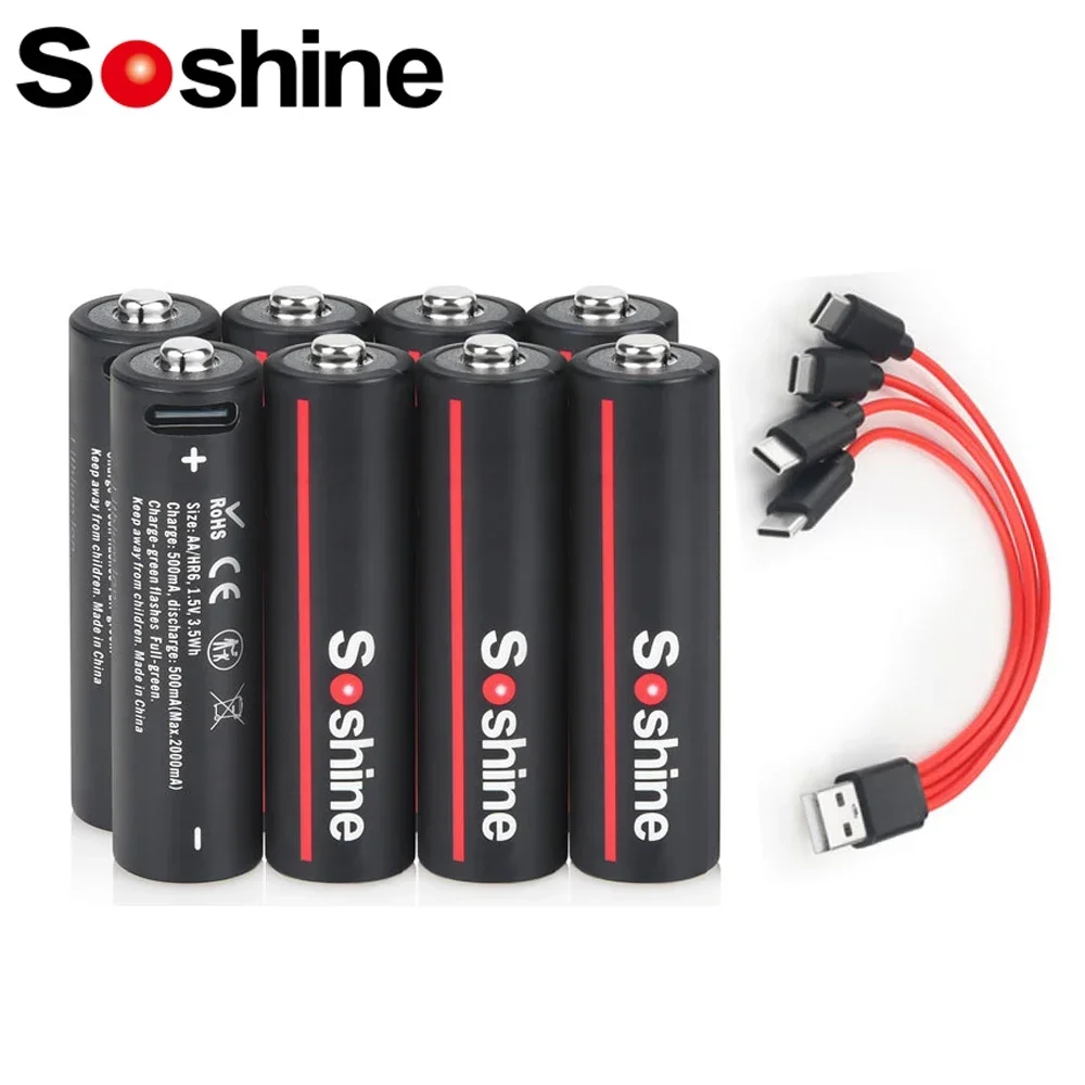 Soshine original 1.5V 3500mWh USB Lithium Battery AA Rechargeable Batteries with 4-in-1 USB Cable for Camera Toys Mouse