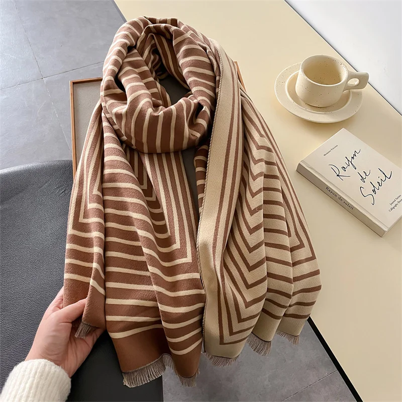 2024 Luxury Women Cashmere Winter Scarf Stripe Print Female Foulard Pashmina Large Double-sided Thick Warm Shawl Blanket Wraps