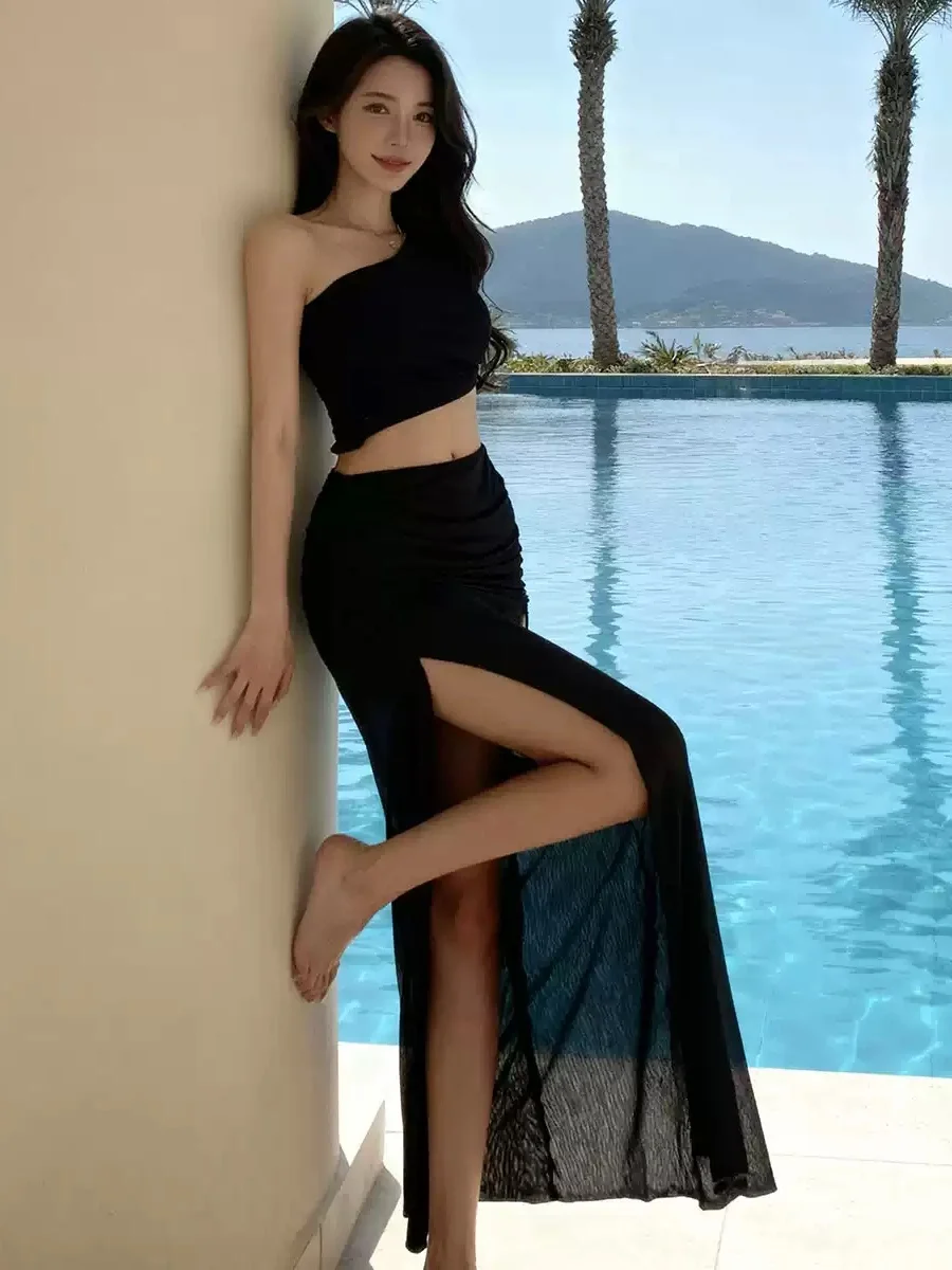 Vacation Fairy Pure Desire Small Chest Gathered Bikini Three Piece Set Sexy Oblique Shoulder Long Dress Women's Swimsuit