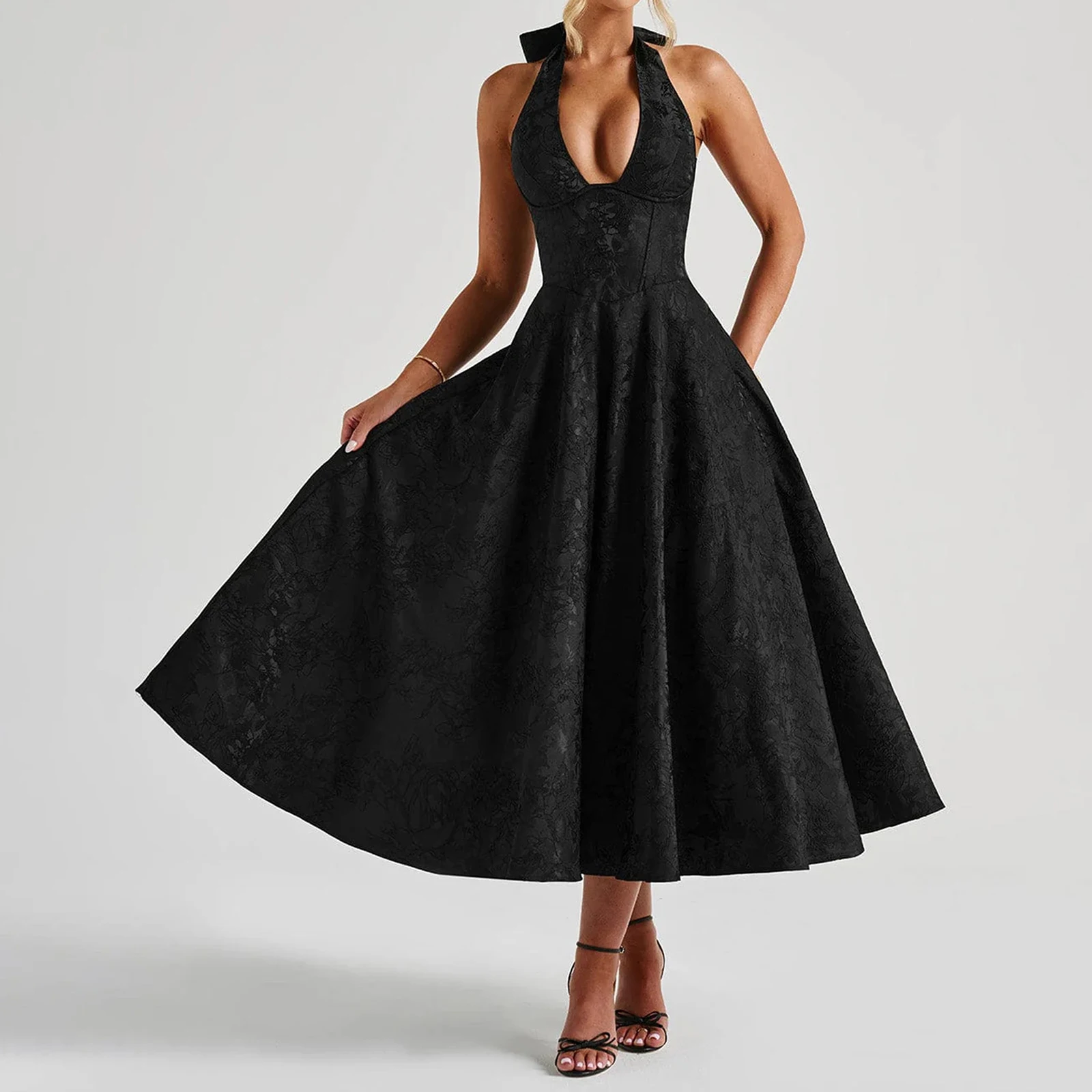 

Женское жаккардовое платье с бретелькой на шее, элегантное длинное платье трапециевидной формы без рукавов с глубоким вырезом и открытой спиной для вечерней вечеринки, клуба