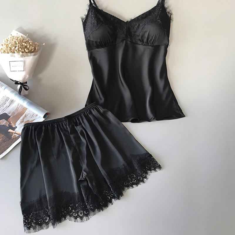 2024 Summer 2 Pcs V-Neck Women\'s Sexy Pajamas Black Cute Clothes Comfortable Breathable Suspender Shorts Set