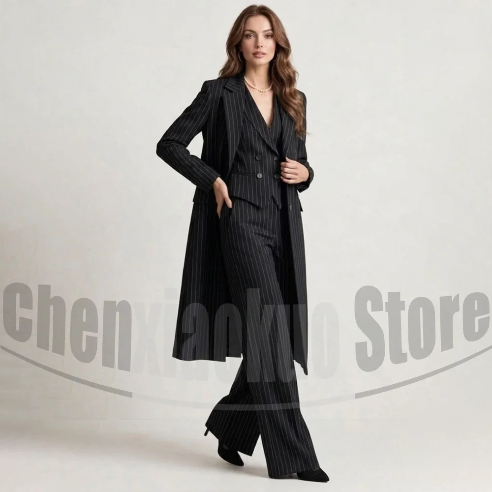 Fashion Women Striped 3 Piece Pants Suit Long Coat Blazer Vest And Wide Leg Trousers Formal Smart Casual Wedding Party Tuxedo