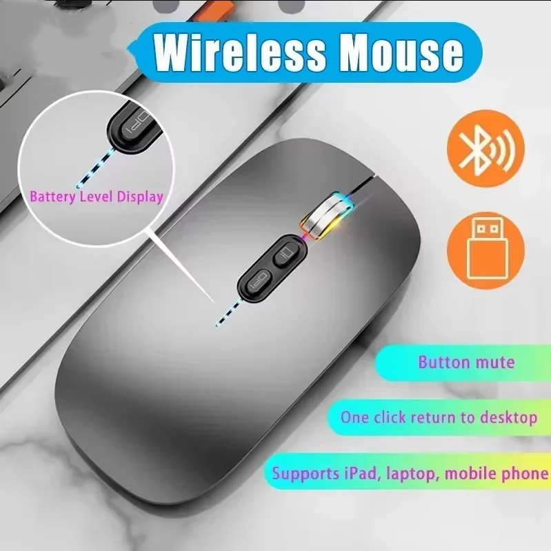 Ultra-thin 3 Modes Wireless Mouse 2.4G USB and 2 Bluetooth Power Display Ergonomic Rechargeable Silent Mice for PC Laptop