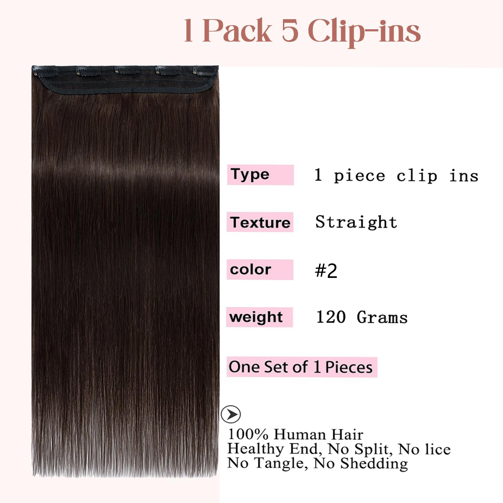 Dark Brown Clip in Extensions One-piece 5 Clips Straight Clip Human Hair Hairpiece Half Head Wide Standard Weft Soft Silky 120g