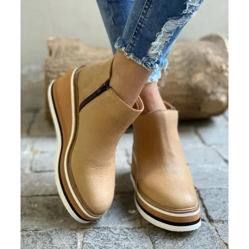 Basic High Wedges Solid Color Roound Toe Femsle Shoes Spring and Autumn Ladies Boots Non Slip Platform Women Pumps Zapatos Mujer