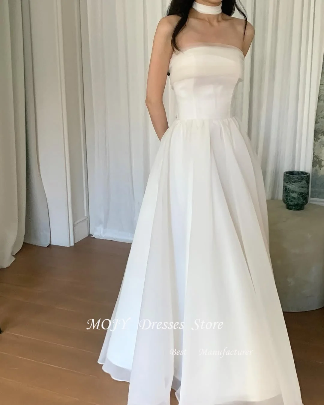 Mojy Black Party Dresses Korean Style A Line Simple Wedding Dresses Strapless Prom Dresses Corset Back Evening Dresses