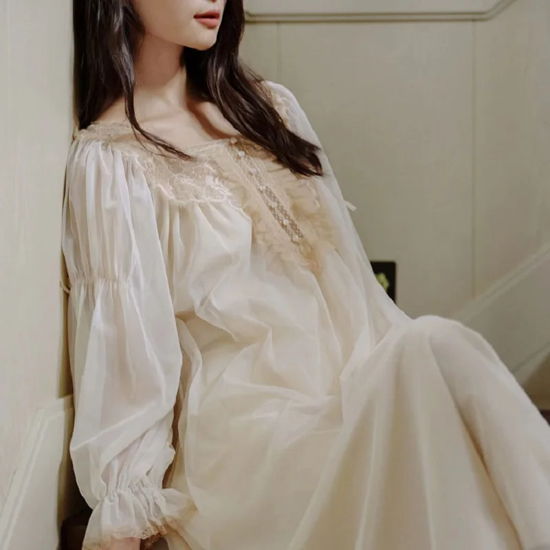 Vintage Gauze Cotton Long Nightgowns For Women Long Sleeve Elegant Princess Nightshirts Spring Summer Loose Long Nightgowns