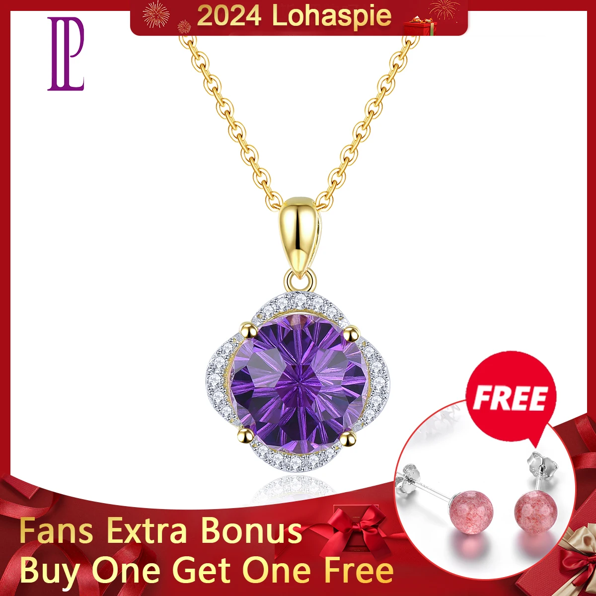 Lohaspie Natural Amethyst Real 9K Yellow Gold Customzied Pendant 5 Carats Genuine Diamond Firework Unique Cutting Anniversary