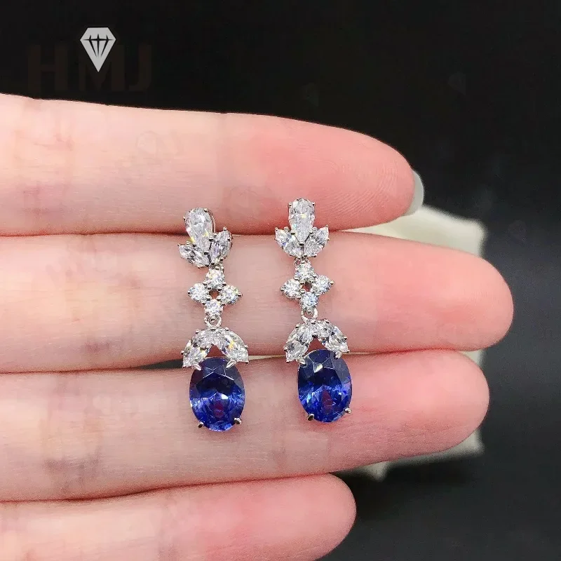 Edelstein-Ohrringe, gezüchteter Rubin, Saphir, ovaler Schliff, Moissanit, Marquise, rund, birnenförmig, S925 Sterling Silber Charms, luxuriös, trendig – Detail 9