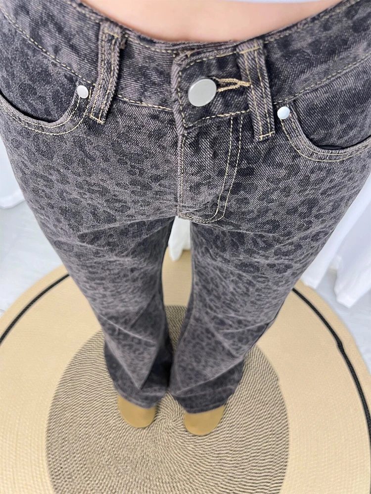 Retro Leopard Print Bell Bot Jeans Women's Slimming High Waist Denim Pants Autumn Winter New Sle for Pear aped Body