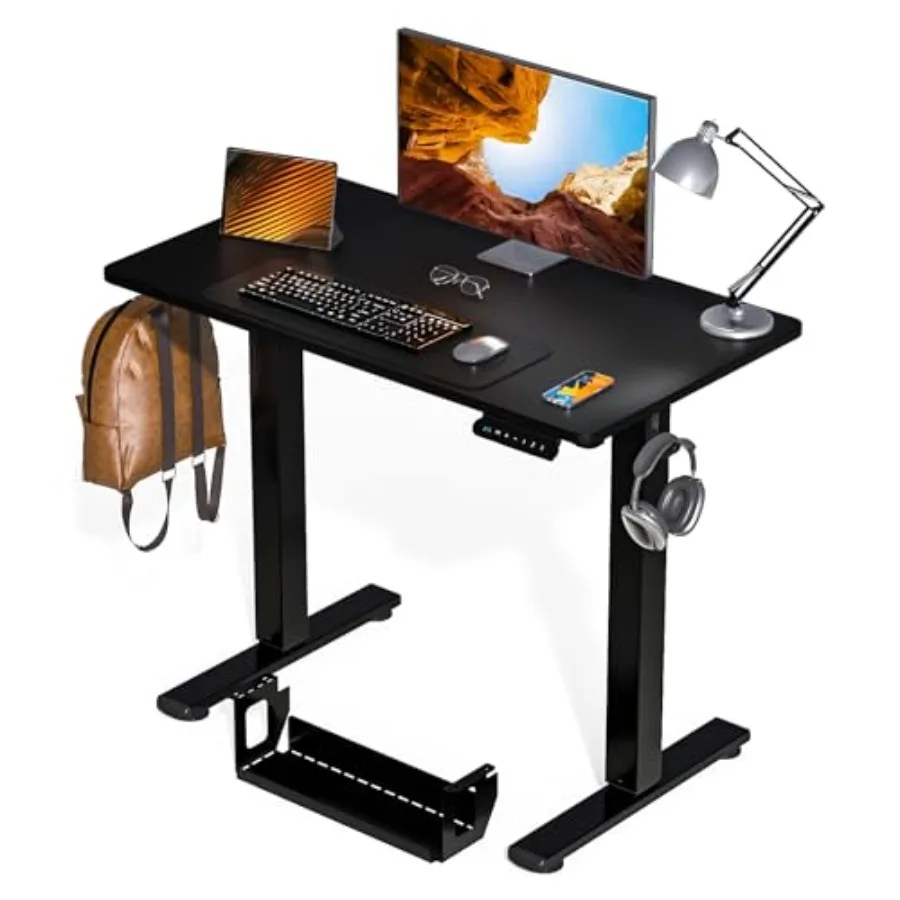 Standing Desk for home office, steel frame with black laminate top, smooth electric height adjustment from 28.5 to 47.5 inches