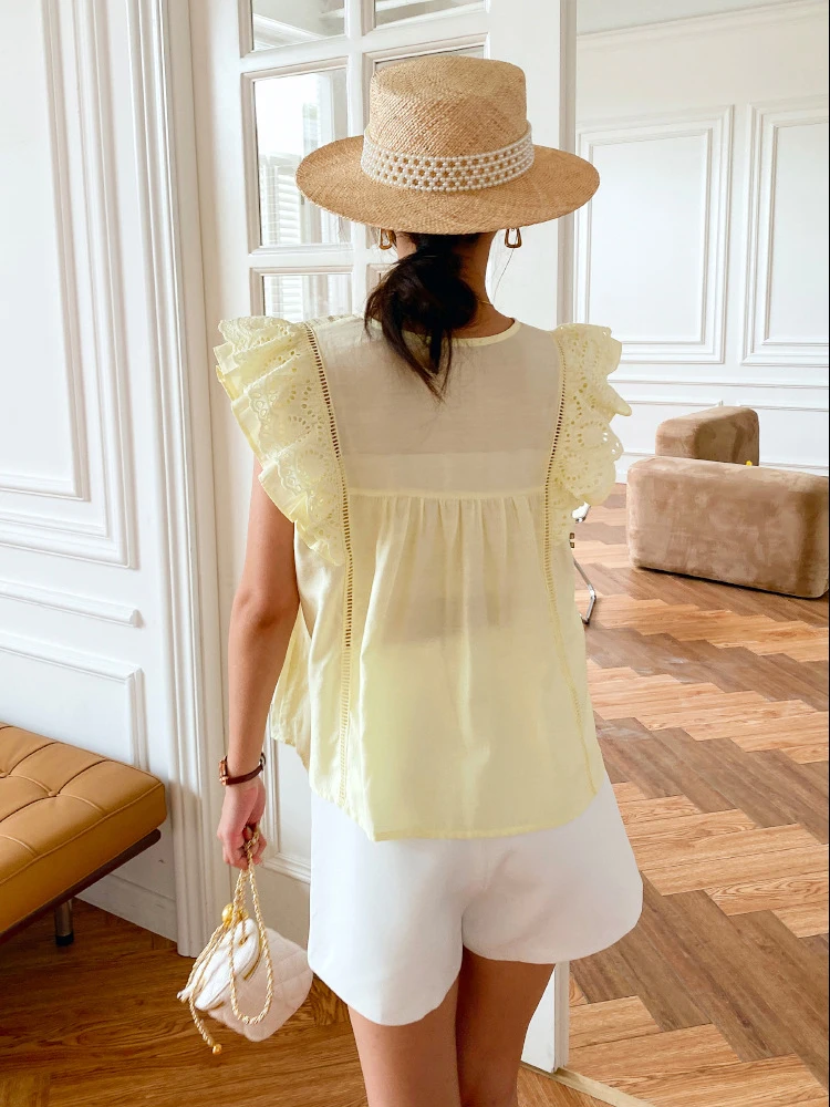 GypsyLady White Elegant Chic Blouse Top Flying Sleeve Lace Patchwork Summer Women Blouse O-neck Hollow Out Sheer Ladies Blusas