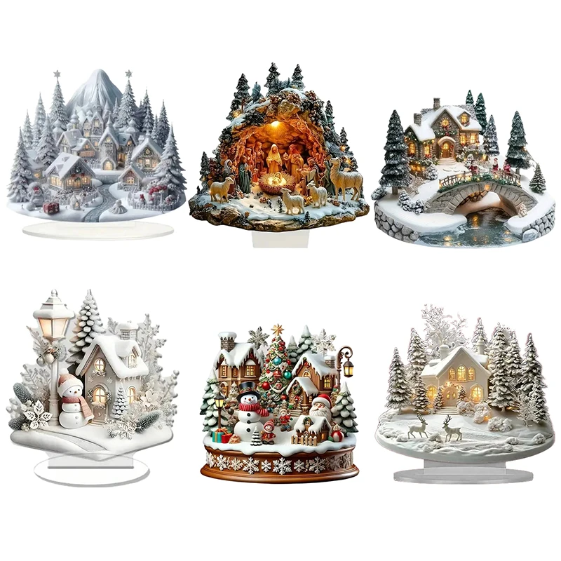 2d elegante acrílico decoração de natal casa de neve & cena de rena ornamentos de escritório em casa festivo quente festa presente foto adereços