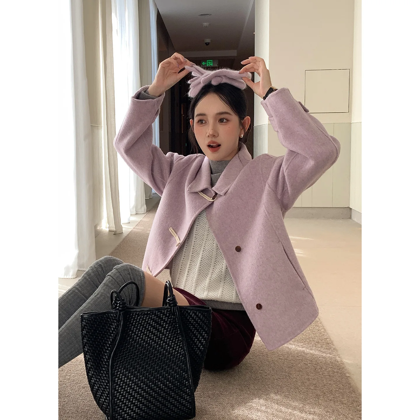 Button Lapel Wool Double-sided Tweed Jacket Women's Silhouette Advanced Sense New Chinese 2025