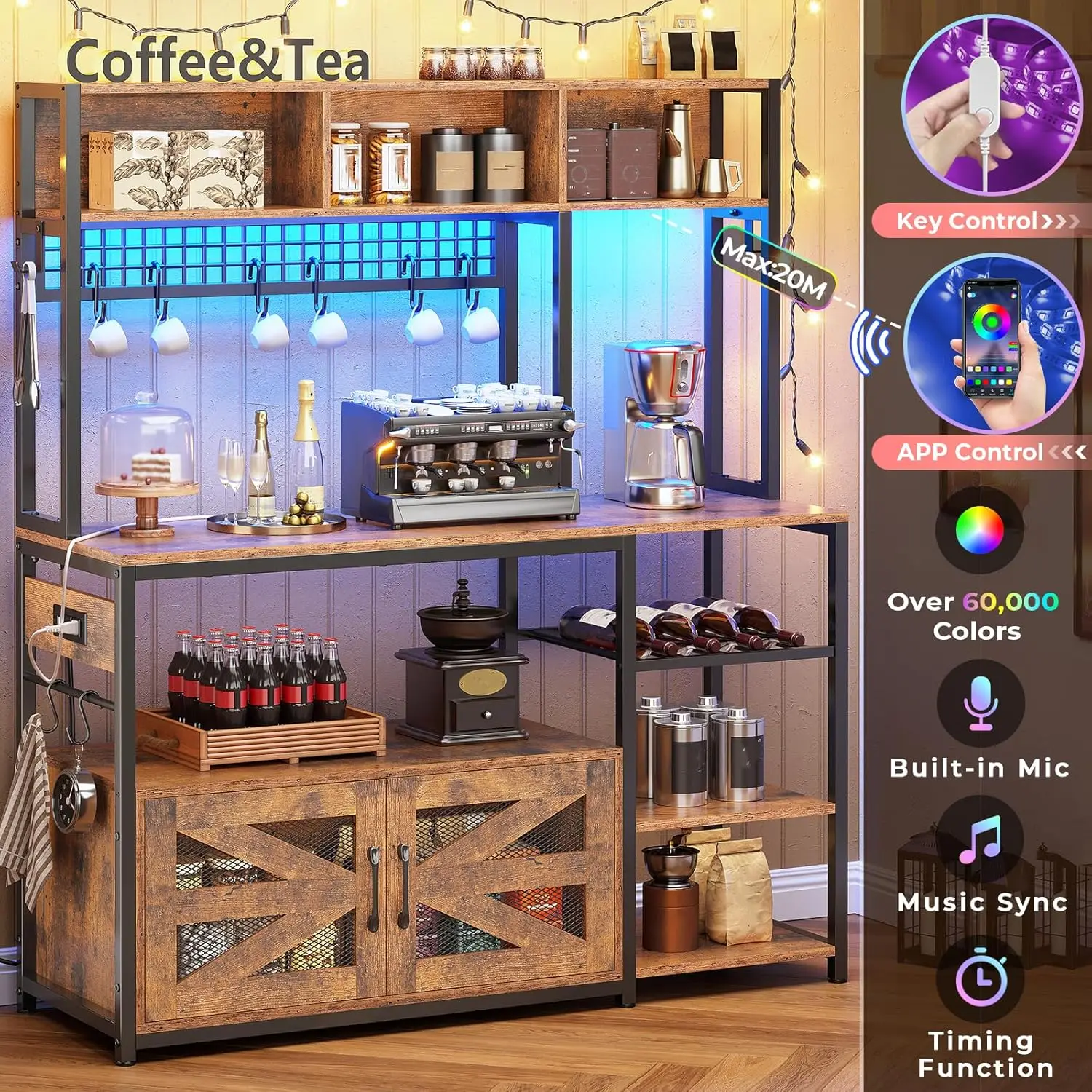 47.2-Inch Farmhouse Bakers Rack with Power Outlets, LED Lights, and Storage Cabinet for Kitchen or Coffee Bar