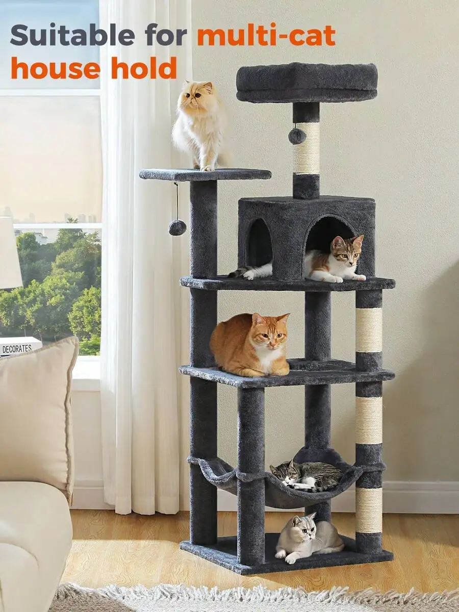 56.3'' Cat Tree For Indoor Cats, Multi-Level Cat Tower With 2 Top Perch. Cat Condo, Hammock And Sisal-Covered Scratching Post, D