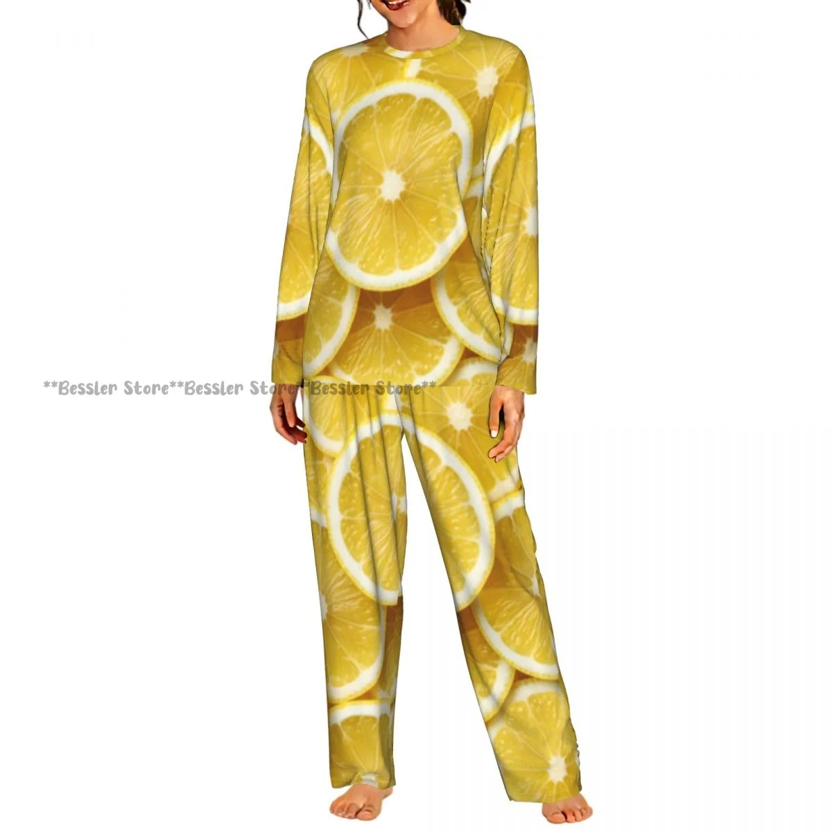 Women Round Neck Pajama Suit Long Sleeve Tops Long Pants Lemon Slices Background Ladies Nightwear Home Outfit