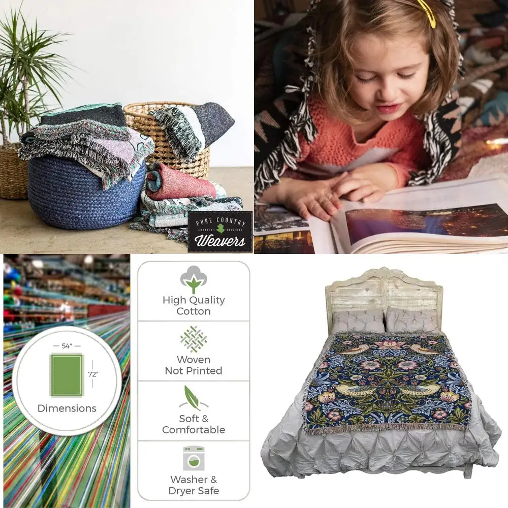 

Strawberry Thief Indigo Cotton Tapestry Throw - Arts & Crafts Gift - Handwoven in USA (72x54)