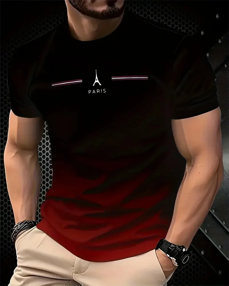 T-shirt da uomo stampata in 3D della Torre Eiffel di Parigi - Manica corta casual, Top estivo con design sfumato per esterni