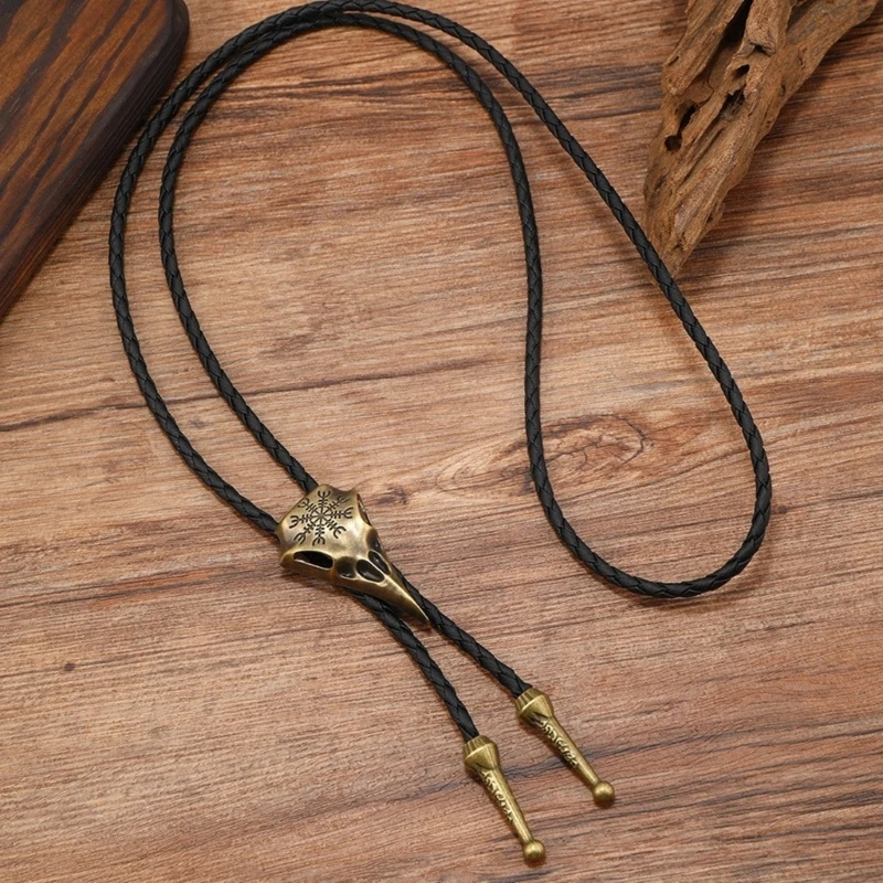 Mens Cowboy Pendant Northern Crow Skull Necklace Bolo Tie Jewelry Shirt Chain