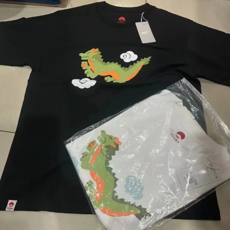 

Summer Cotton Unisex Beams Tshirt Cartoon Auspicious Clouds Dragon Print Tee Comfortable Cotton Men Women Short Sleeve Tops