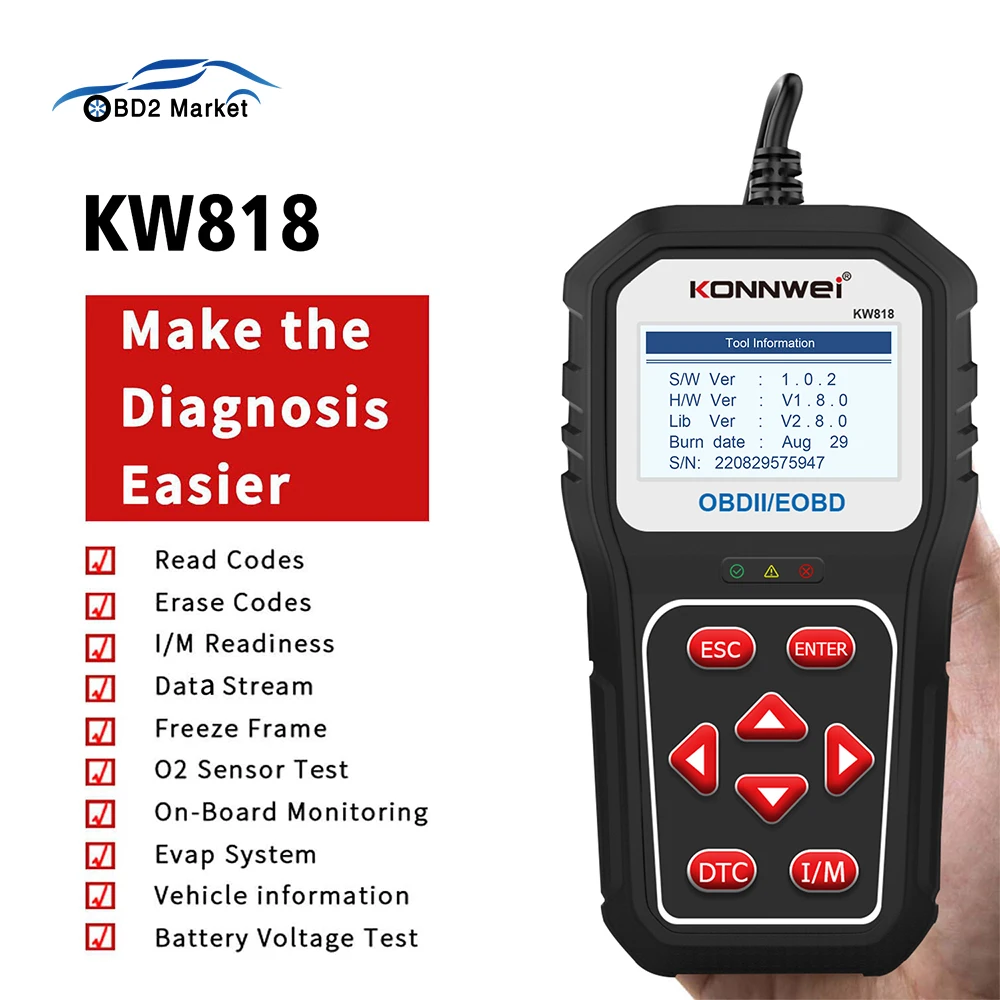 

KONNWEI KW818 OBD 2 Auto Scaner OBD2 Support CAN J1850 Engine Fualt Code Read 12V Battery Tester Enhanced Car Diagnostic Tools