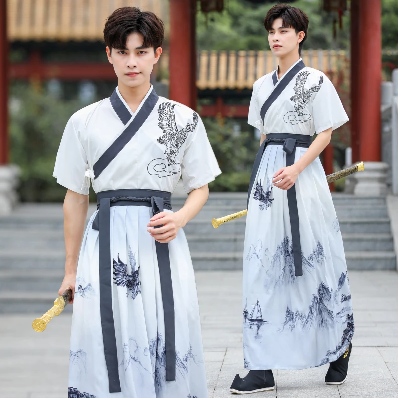 

Plus Size 5XL Chinese Short Hanfu Eagle Men Halloween Cosplay Costume Party Dress White Hanfu Outfit For Summer