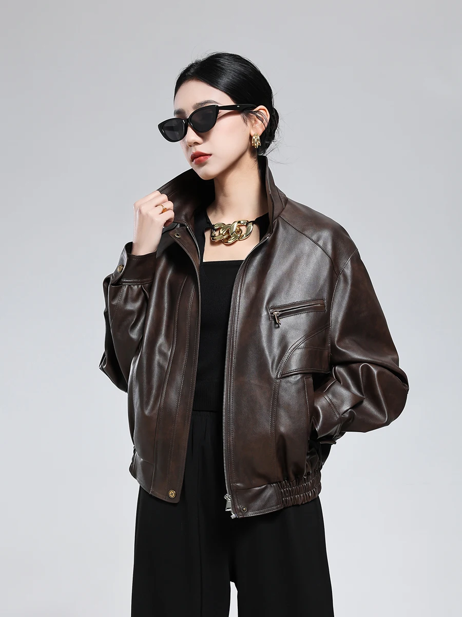 

Lautaro Autumn Cool Handsome Short Hard Distressed Brown Pu Leather Jacket Women Zipper Luxury Designer American Retro Clothes